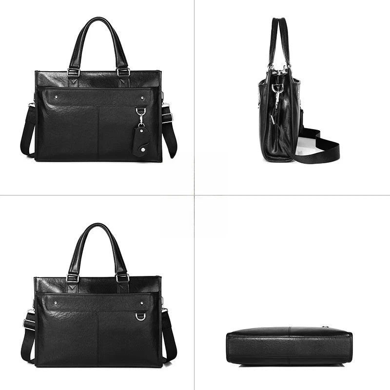 Mallette en cuir noir avec poignée et porte-clés sur fond blanc