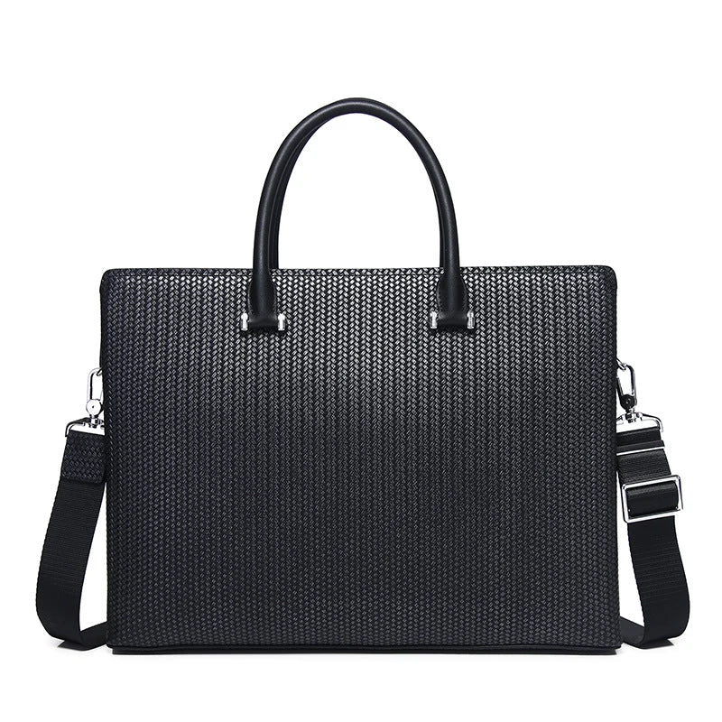 Mallette en cuir noir texturé avec anses et bandoulière amovible