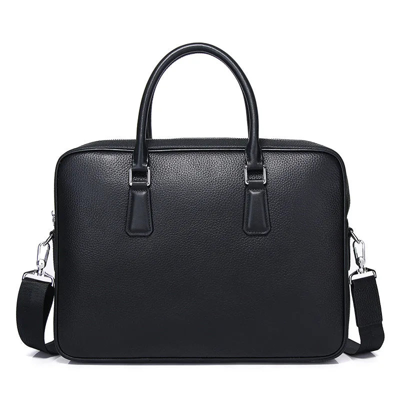 Porte-documents en cuir noir pleine fleur de face avec poignée et bandoulière