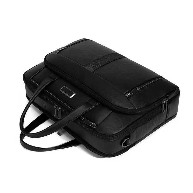 Porte-documents en cuir noir avec deux poignées et bandoulière amovible