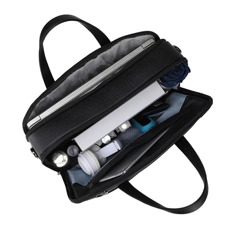 Porte-documents en cuir noir avec deux poignées et bandoulière amovible