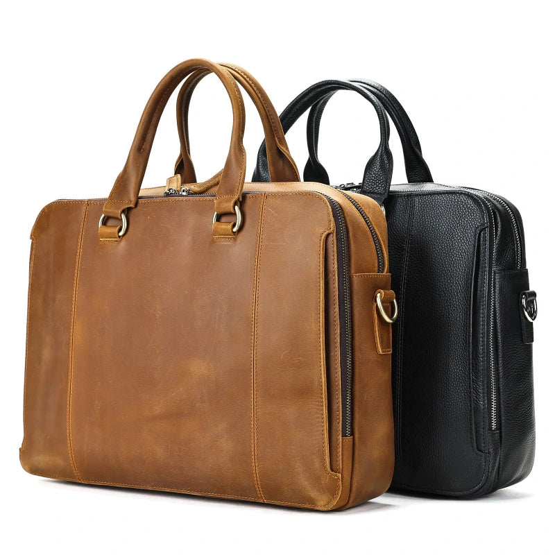 Porte-documents noir en cuir pleine fleur avec double poignée et bandoulière