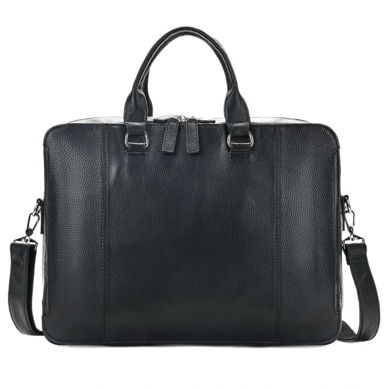 Porte-documents noir en cuir pleine fleur avec double poignée et bandoulière