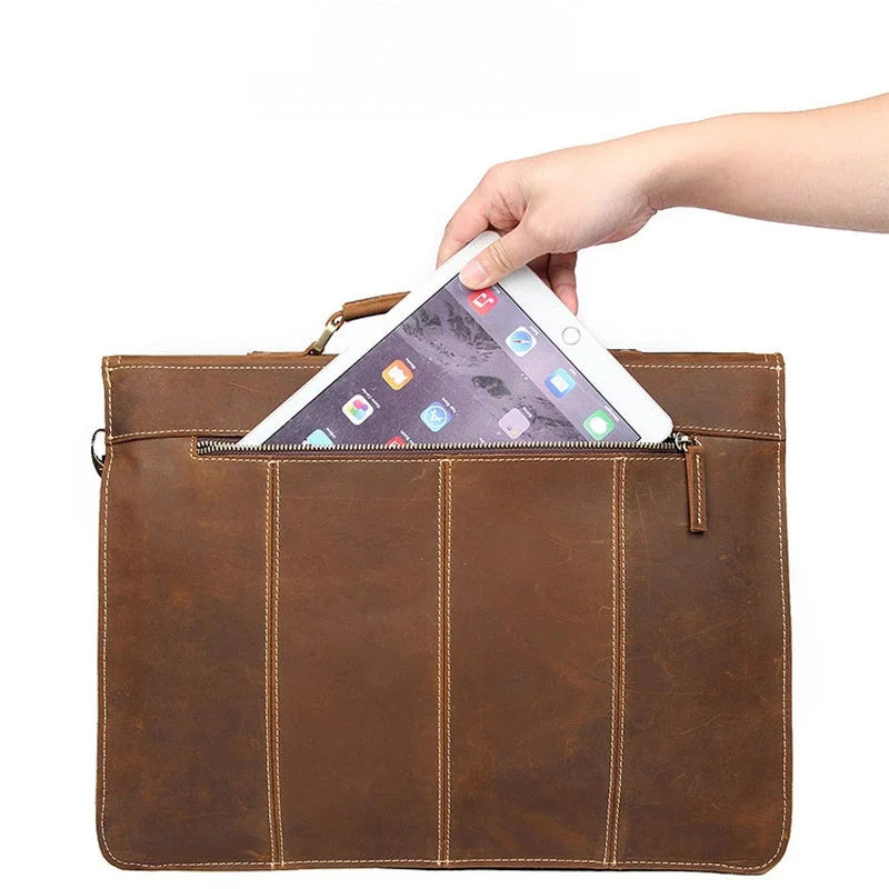 Porte-documents en cuir marron avec sangle réglable et poignée