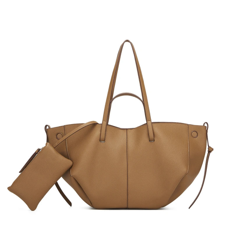 Tote en cuir véritable couleur camel avec pochette assortie