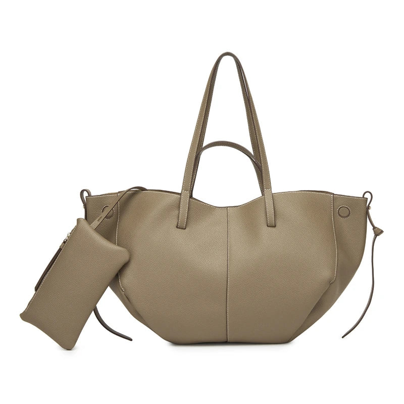 Tote en cuir véritable couleur camel avec pochette assortie