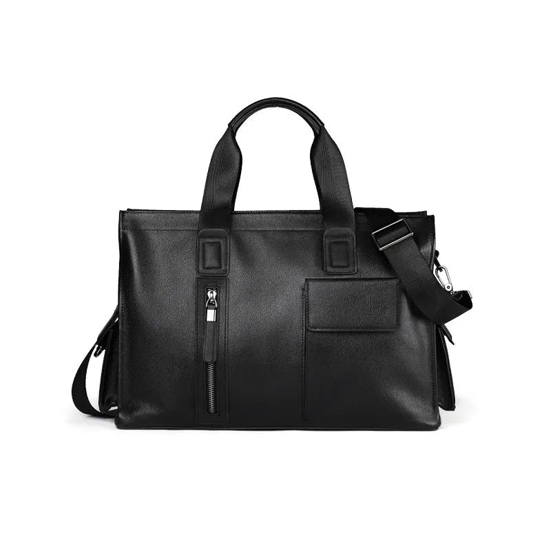 Mallette d'affaires noire en cuir véritable avec anses et bandoulière