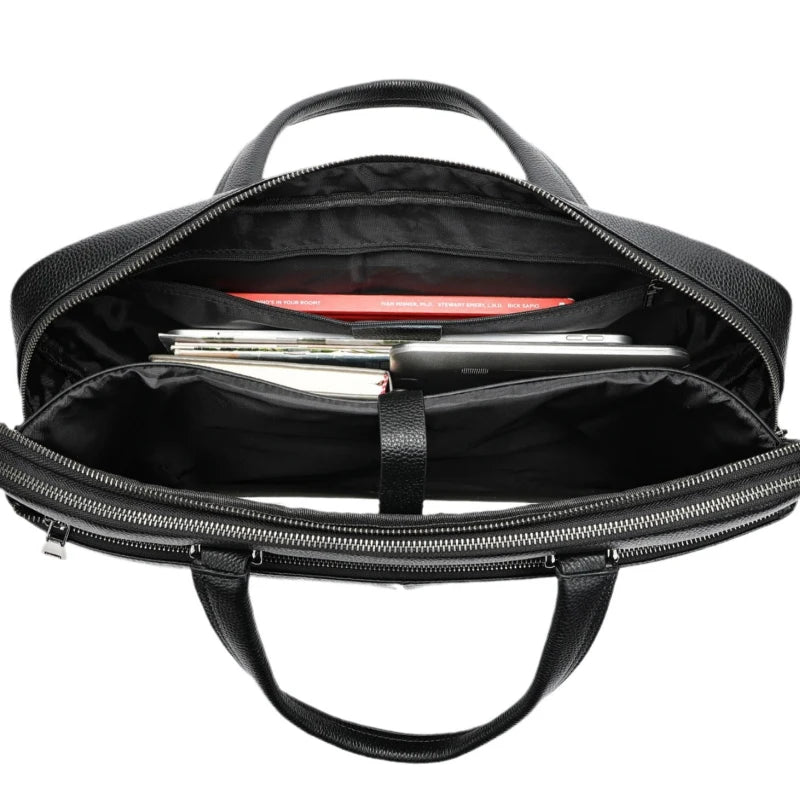 Porte-documents noir en cuir avec bandoulière et double poignée