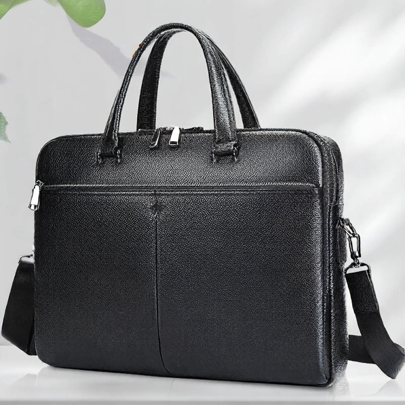 Porte-documents noir en cuir avec bandoulière et double poignée