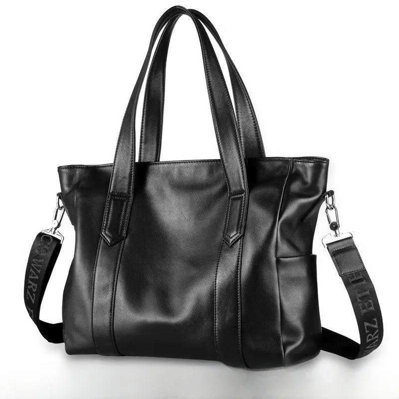 Mallette d'affaires noire en cuir véritable avec poignées et bandoulière