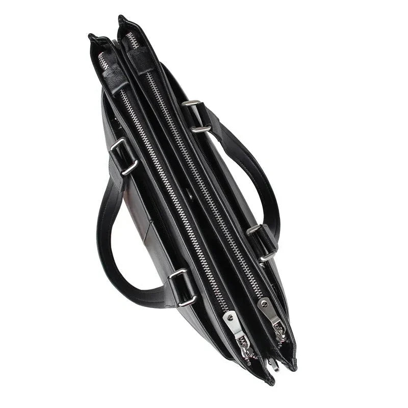 Porte-documents en cuir noir avec poignée et bandoulière ajustable