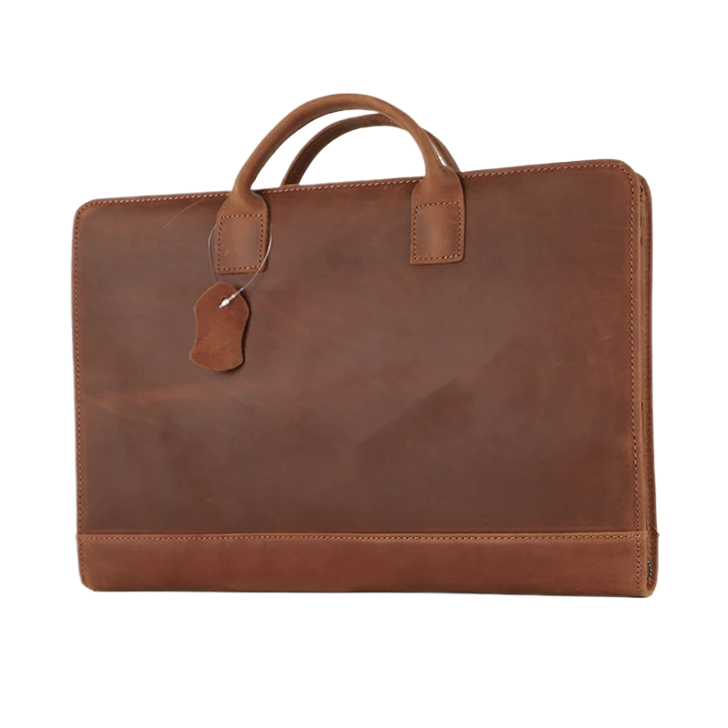 Porte-documents noir en cuir véritable avec poignée et étiquette en cuir