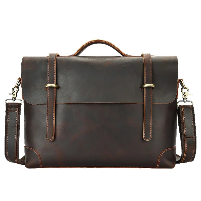 Mallette vintage en cuir véritable marron foncé avec anse et sangles