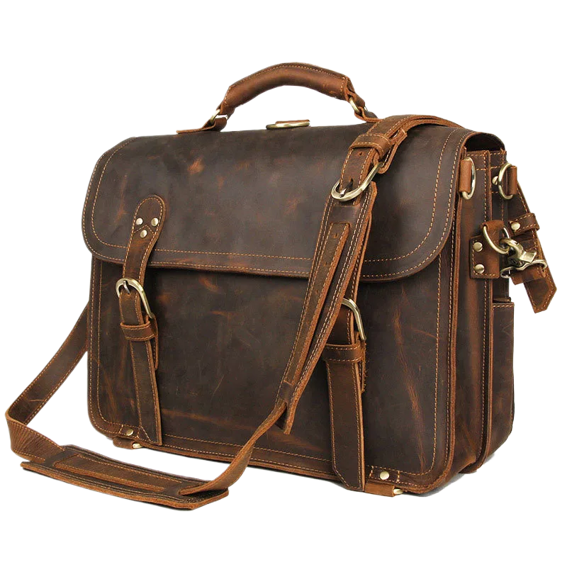 Sac bandoulière en cuir brun avec grande poignée et boucle métallique