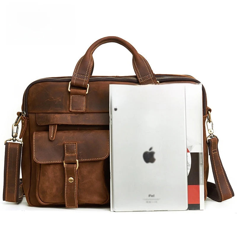 Mallette d'affaires en cuir marron avec deux poches avant