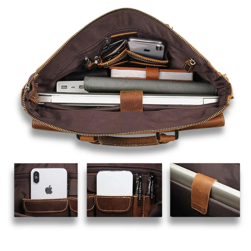 Porte-documents en cuir marron avec poignée et poche zippée à l'arrière