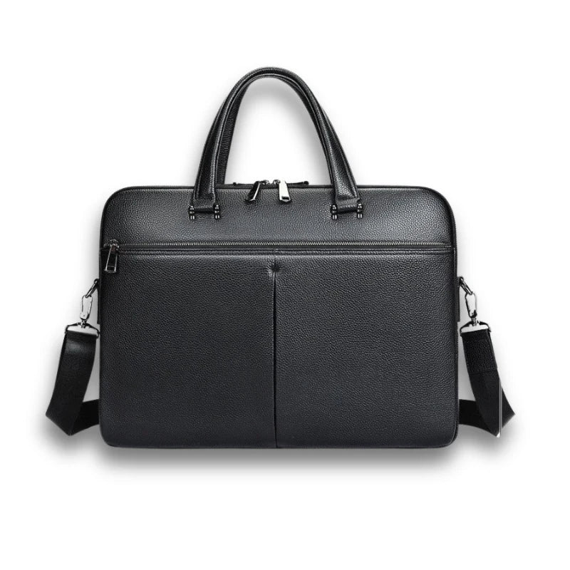 Porte-documents noir en cuir avec bandoulière et double poignée