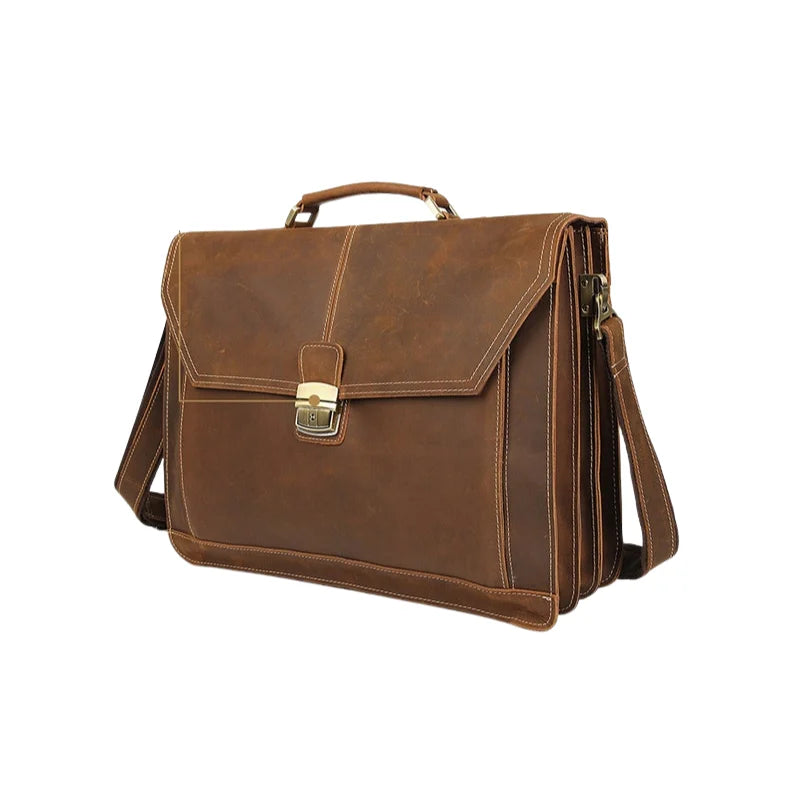 Porte-documents en cuir marron avec sangle réglable et poignée