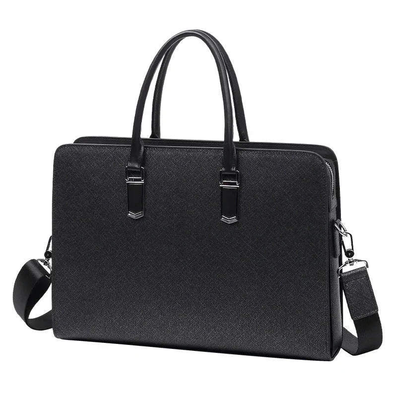 Cartable en cuir noir avec deux poignées et bandoulière amovible