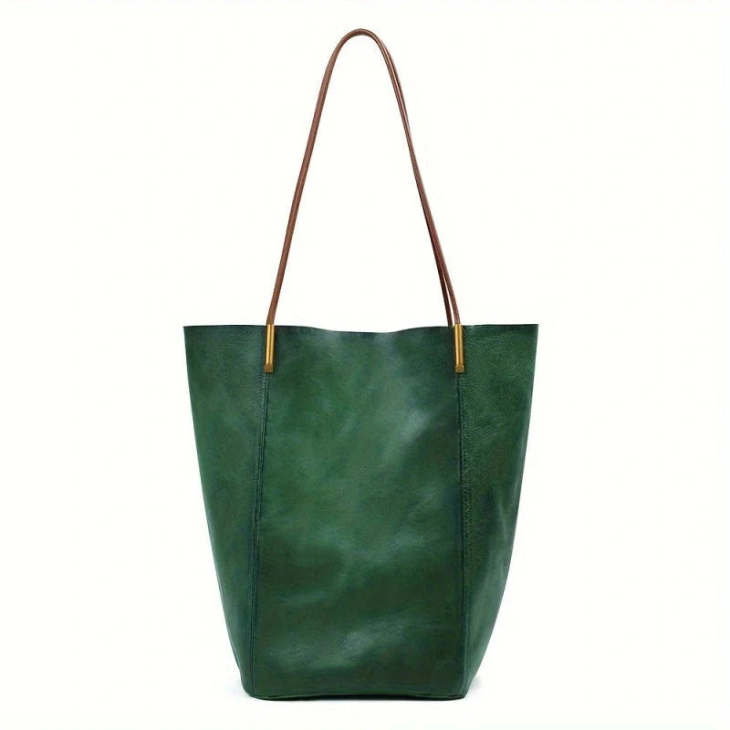 Cabas femme en cuir vert avec anses longues marron
