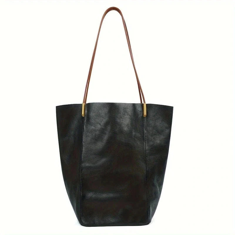 Cabas femme en cuir noir avec anses longues marron