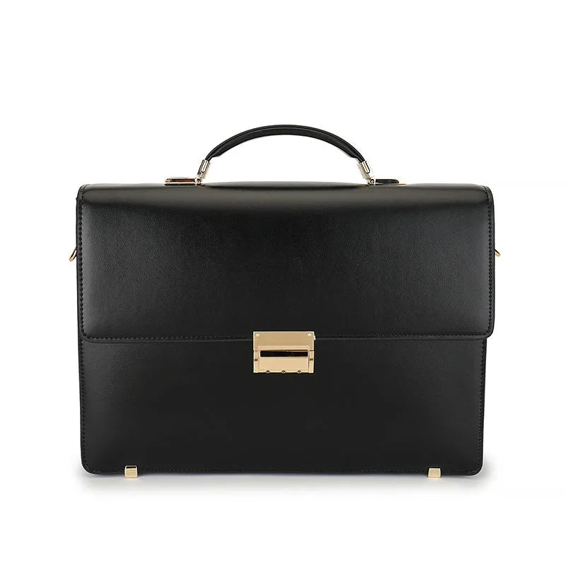 Porte-documents en cuir noir avec poignée et fermoir métallique doré