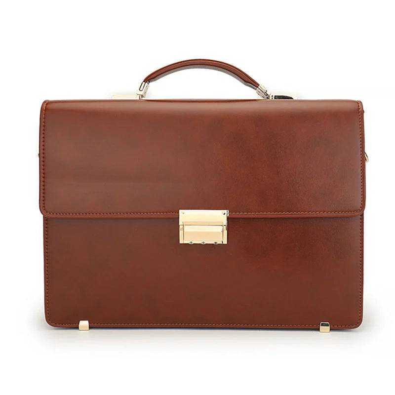 Porte-documents en cuir de veau marron avec poignée et fermeture dorée