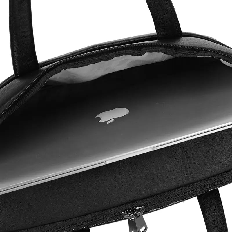 Porte-documents en cuir noir avec deux poignées et bandoulière amovible