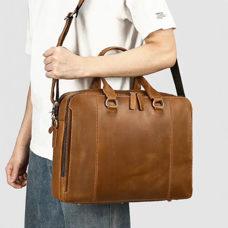 Porte-documents noir en cuir pleine fleur avec double poignée et bandoulière