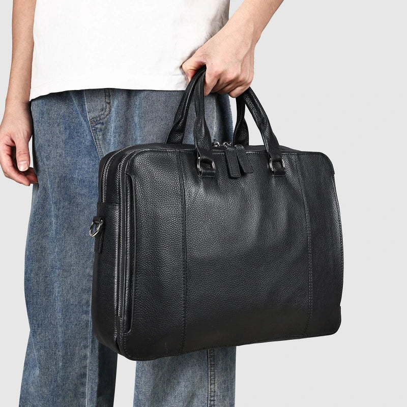 Porte-documents noir en cuir pleine fleur avec double poignée et bandoulière