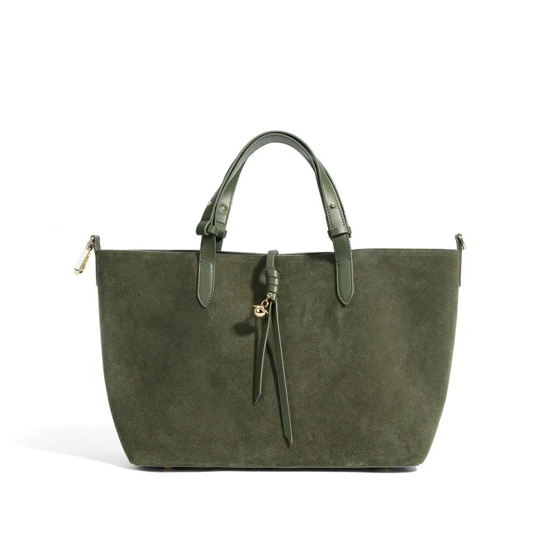 Sac à main en cuir véritable vert olive forme seau avec anses