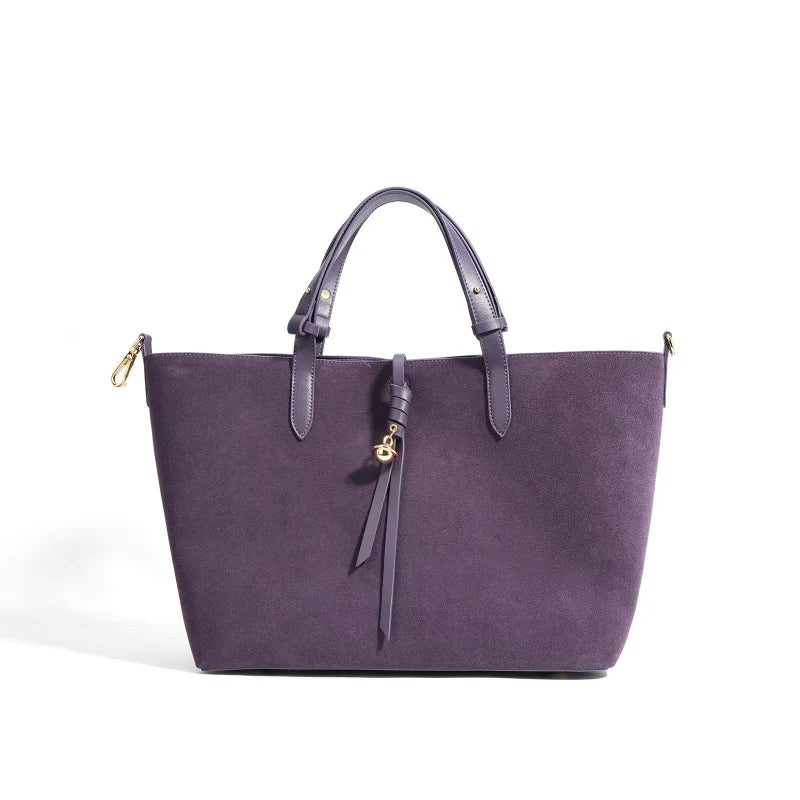 Sac à main en cuir véritable violet taro forme seau avec anses