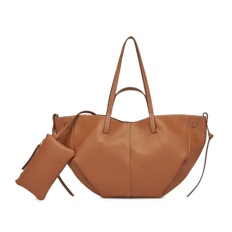 Tote en cuir véritable couleur camel avec pochette assortie