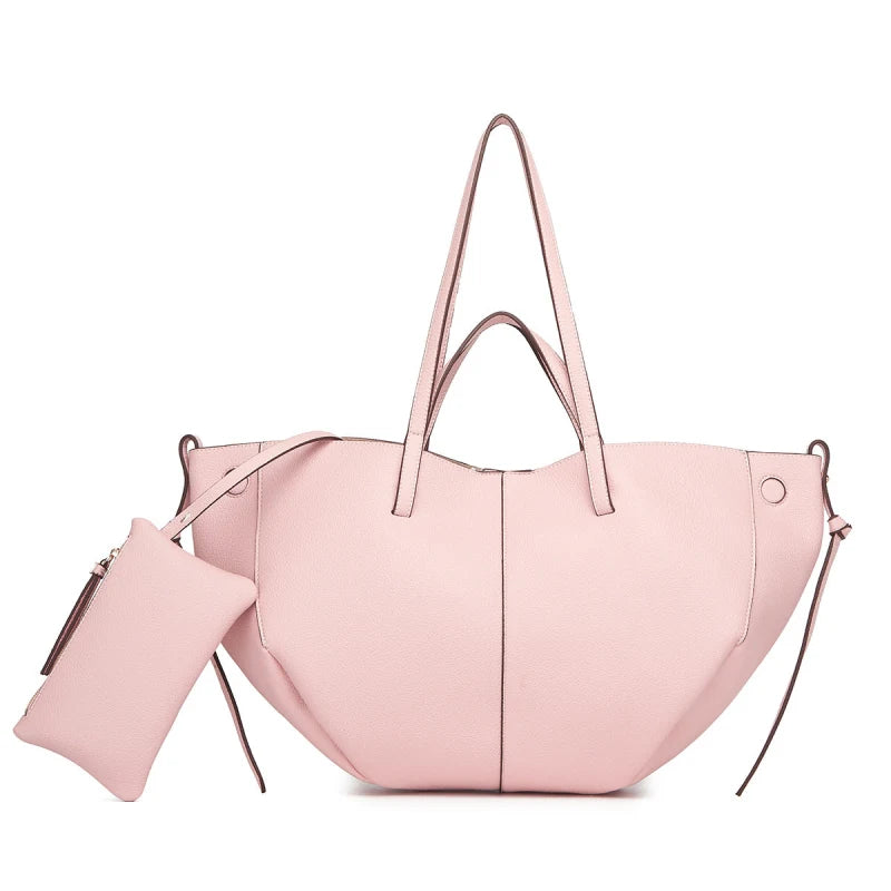 Tote en cuir véritable couleur camel avec pochette assortie