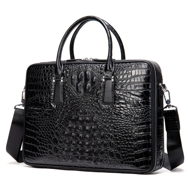 Mallette d'affaires en cuir noir effet crocodile avec bandoulière amovible