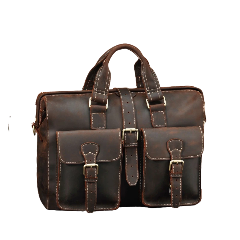 Porte-documents en cuir café marron avec deux poches avant et une bandoulière