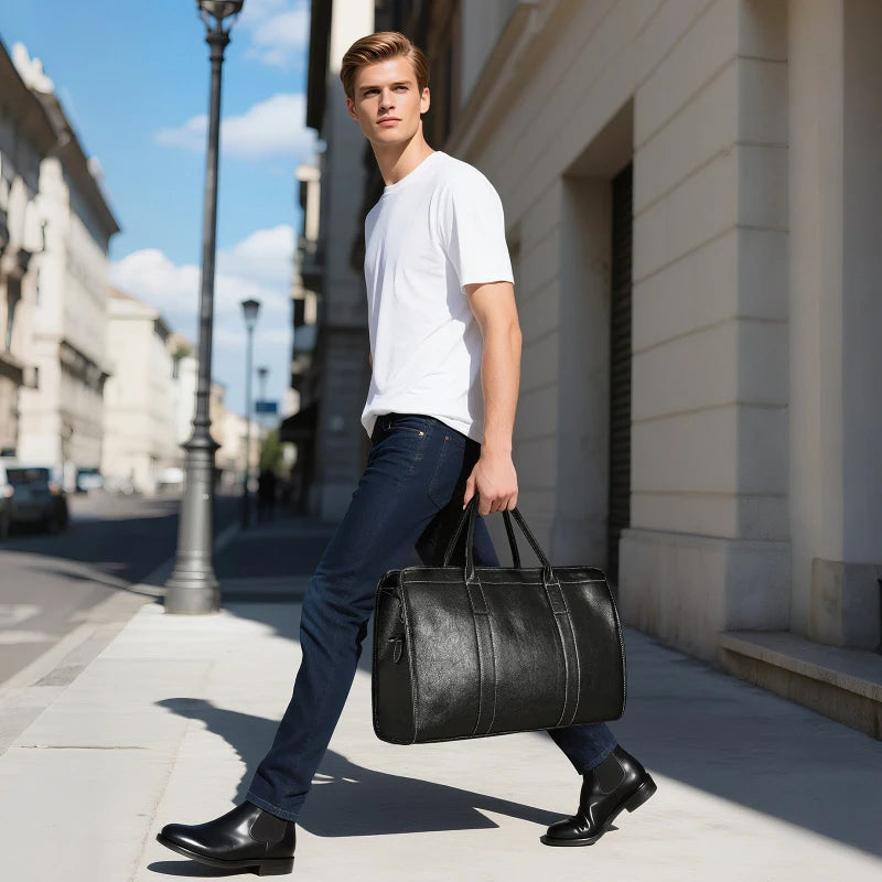 Sac à main en cuir noir posé sur une surface en bois avec fond gris