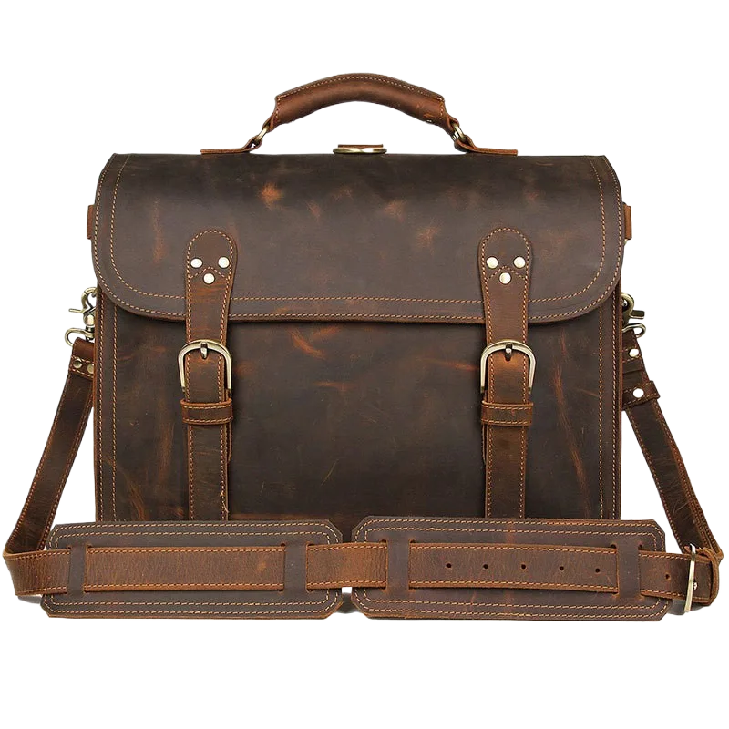 Vue frontale sac bandoulière cuir brun avec deux boucles et bandoulière réglable