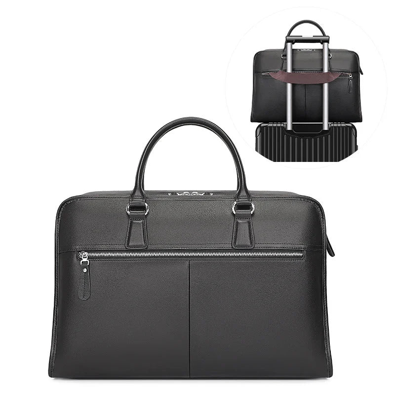 Porte-documents noir en cuir avec deux poignées et bandoulière amovible