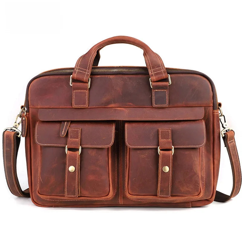 Mallette d'affaires en cuir marron avec deux poches avant