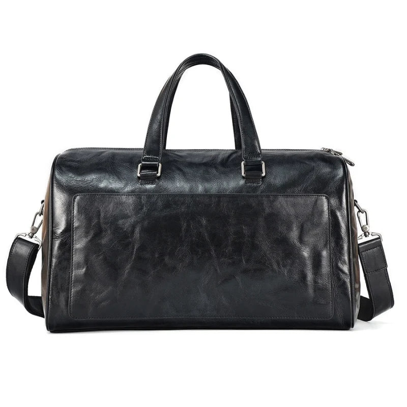 Sac de voyage en cuir véritable noir avec bandoulière