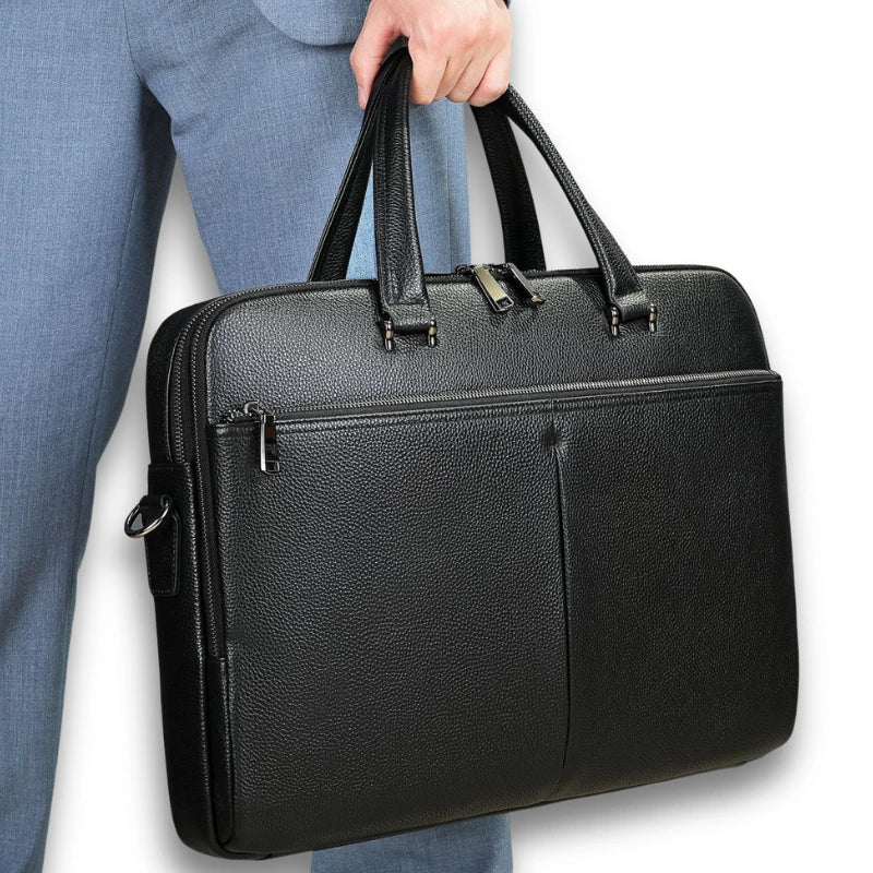 Porte-documents noir en cuir avec bandoulière et double poignée