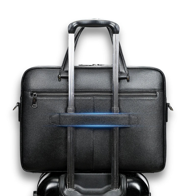 Porte-documents noir en cuir avec bandoulière et double poignée