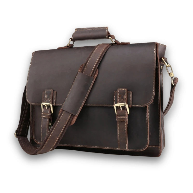 Mallette en cuir véritable marron foncé avec bandoulière et boucles