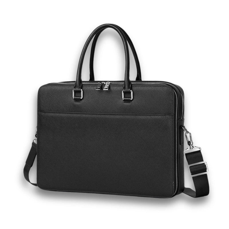 Sacoche ordinateur cuir noir avec double poignée et bandoulière amovible