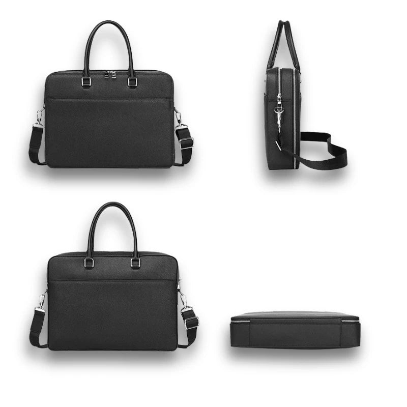 Sacoche ordinateur cuir noir avec double poignée et bandoulière amovible