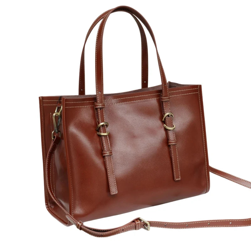 Sac tote en cuir marron avec surpiqûres contrastées et poignée double