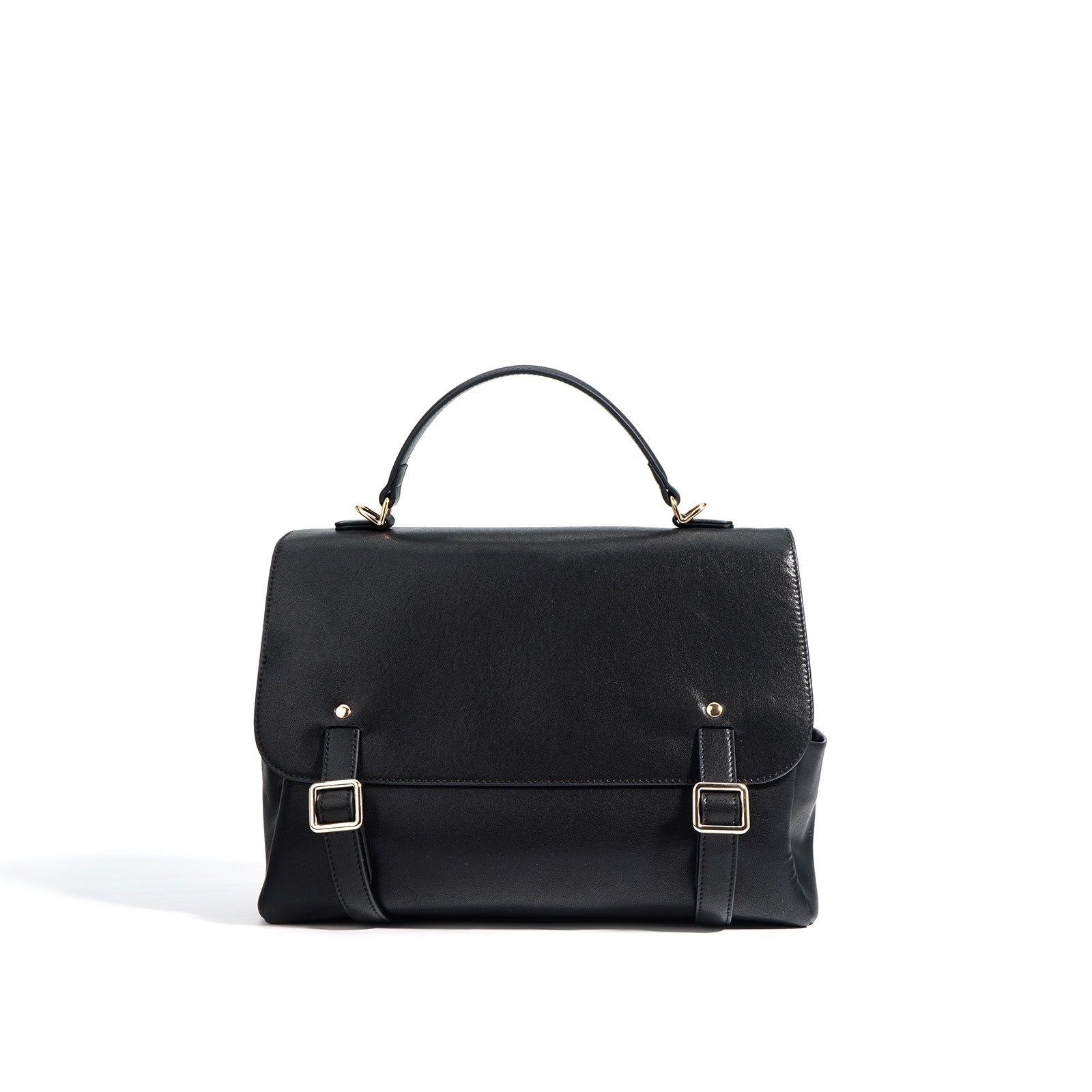 Sac à dos en cuir noir avec poignée et boucles dorées
