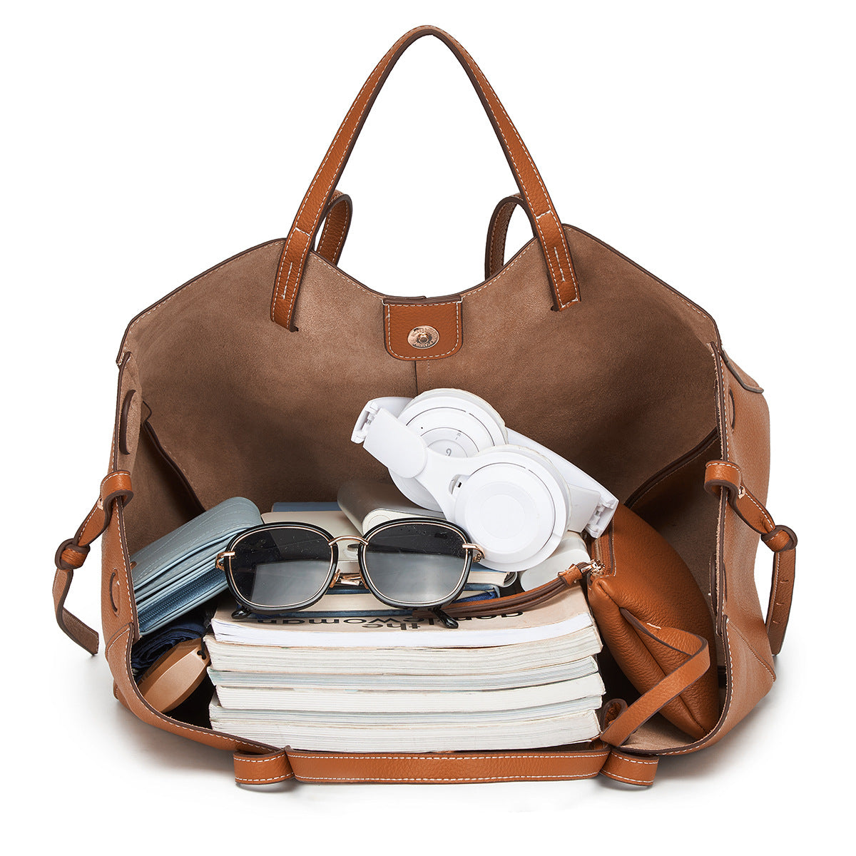 Tote cuir véritable compact fermeture boucle magnétique - 7 Couleurs